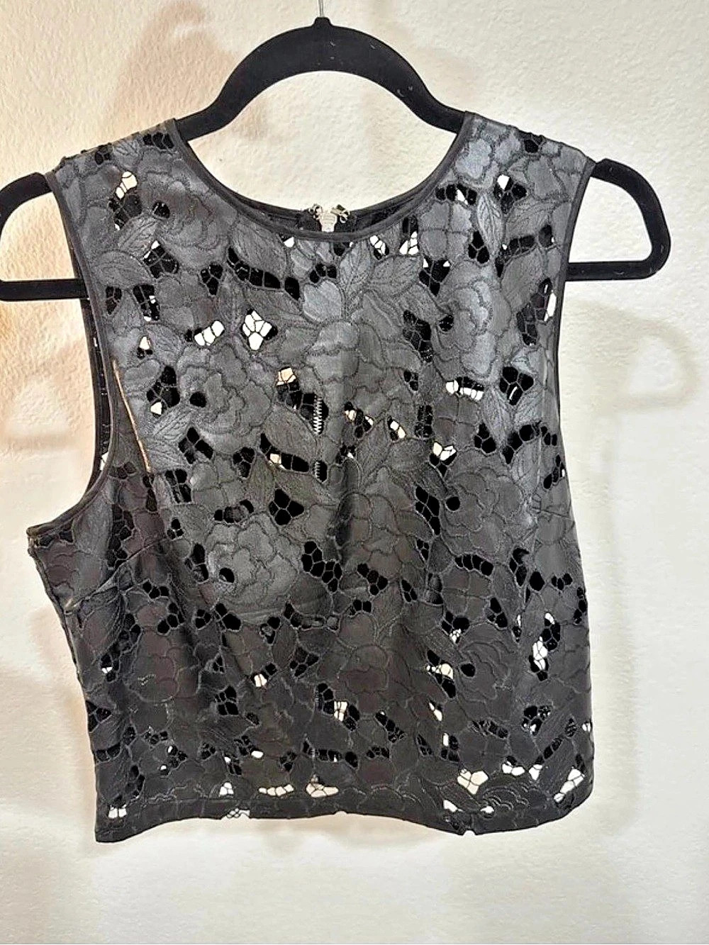 bebe Black Floral Lace Faux Leather Top
